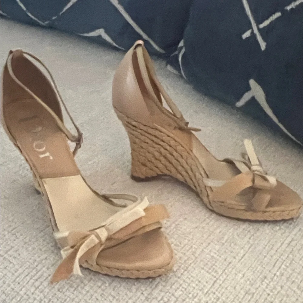 Dior Tan and Cream Espadrille Wedge Sandals with Bow Ankle Strap - Picture 3 of 3